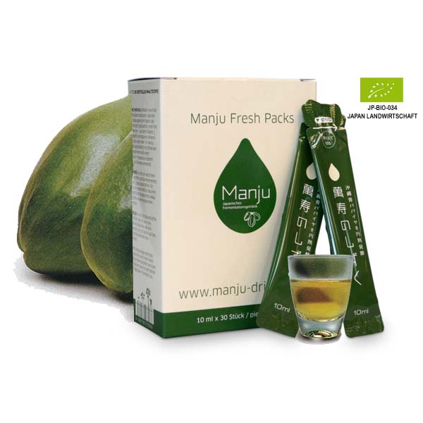 Die Manju Bio Fermentationsgetränk Fresh-Packs - praktisch für unterwegs. 30 Einzelpackungen à 10 ml für Ihr Wohlbefinden.