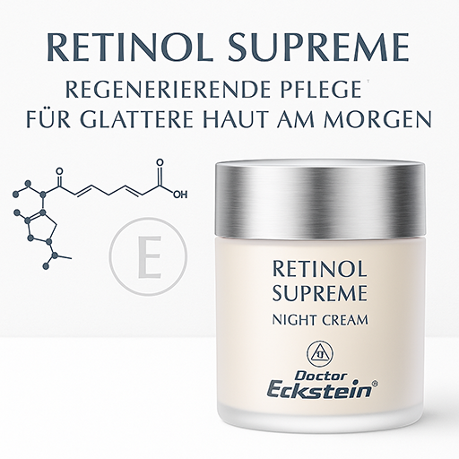 Doctor Eckstein Retinol Supreme – Nachtcreme mit Retinol in eleganter Verpackung, dargestellt mit Retinol-Molekülstruktur auf hellem Hintergrund